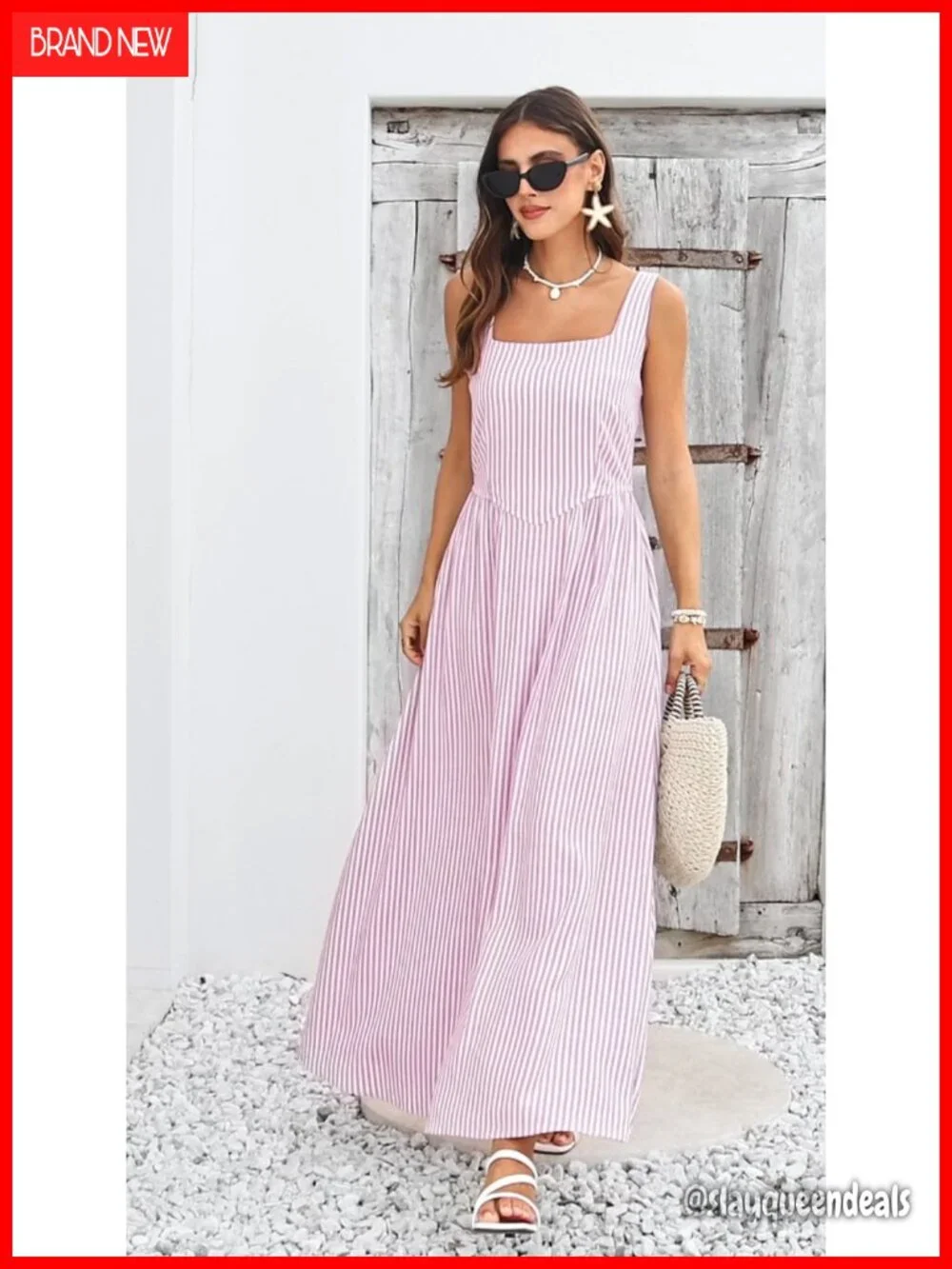 Striped Maxi Dress Square Neck Sleeveless A-Line Summer